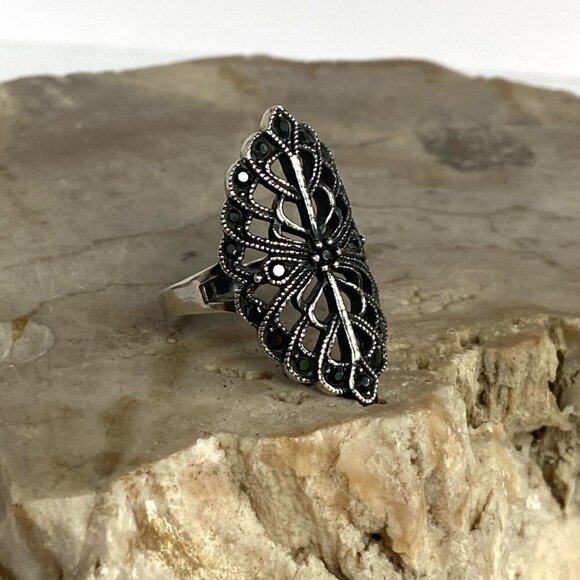 Sterling Silver 925 Openwork Scrollwork Wide Black Black Rhinestone Ring Sz 8 - Picture 6 of 16